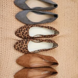 Bundle of 3 -  Faux Suede Pointed Toe Flats - Tan, Brown Leopard and Gray. Sz 6